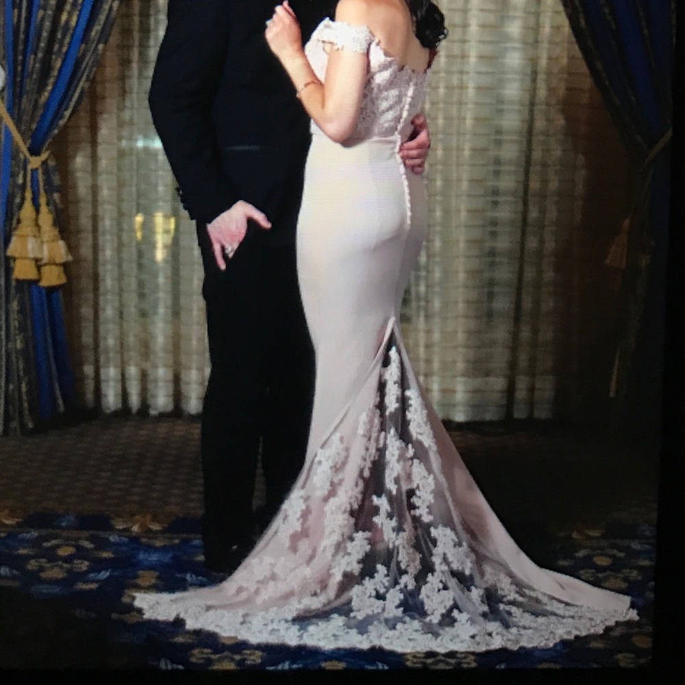 Jadore blush pink gown, bridesmaid gown lace sweetheart off-the-shoulder mermaid